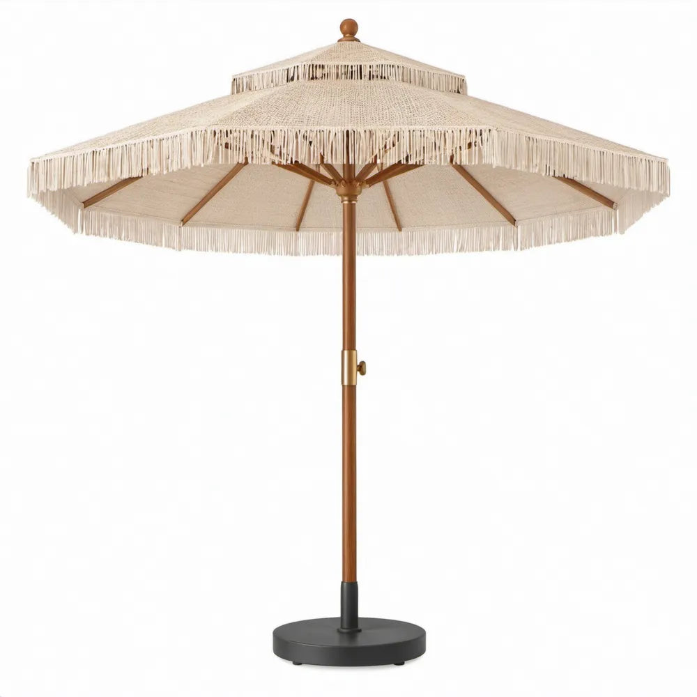 Achthoekige tuinparasol met franjes en voet 270 cm Beige