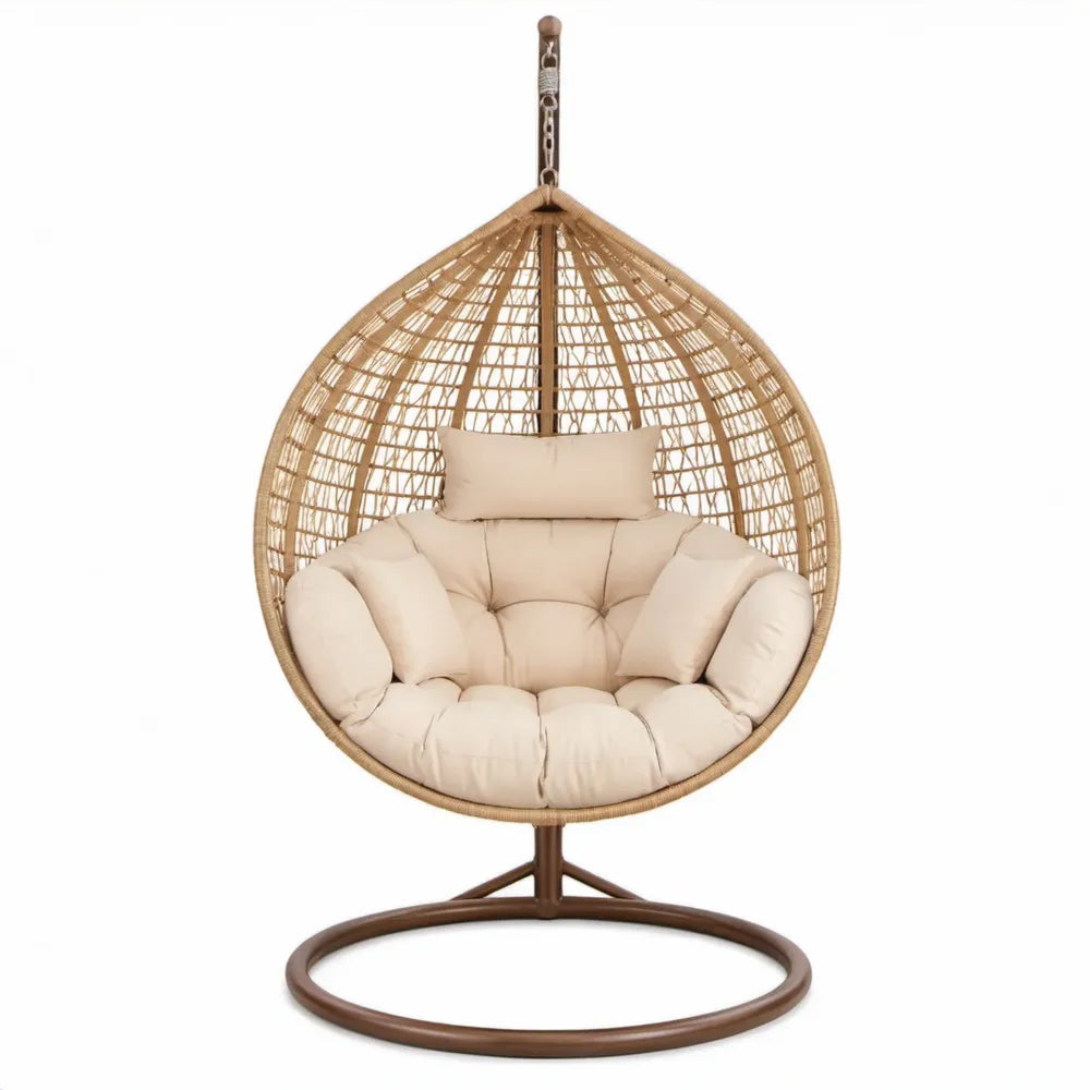 Druppelvormige hangstoel met standaard 105 x 105 x 200 cm – Beige, naturel bruin en bruin