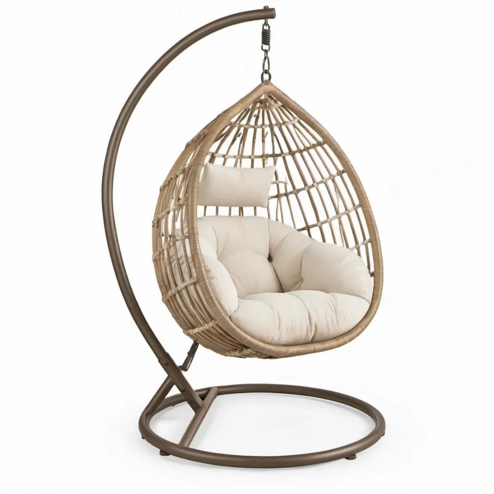 Druppelvormige hangstoel met standaard van PE-rattan en staal, bruin/beige/crème, 105 x 105 x 195 cm