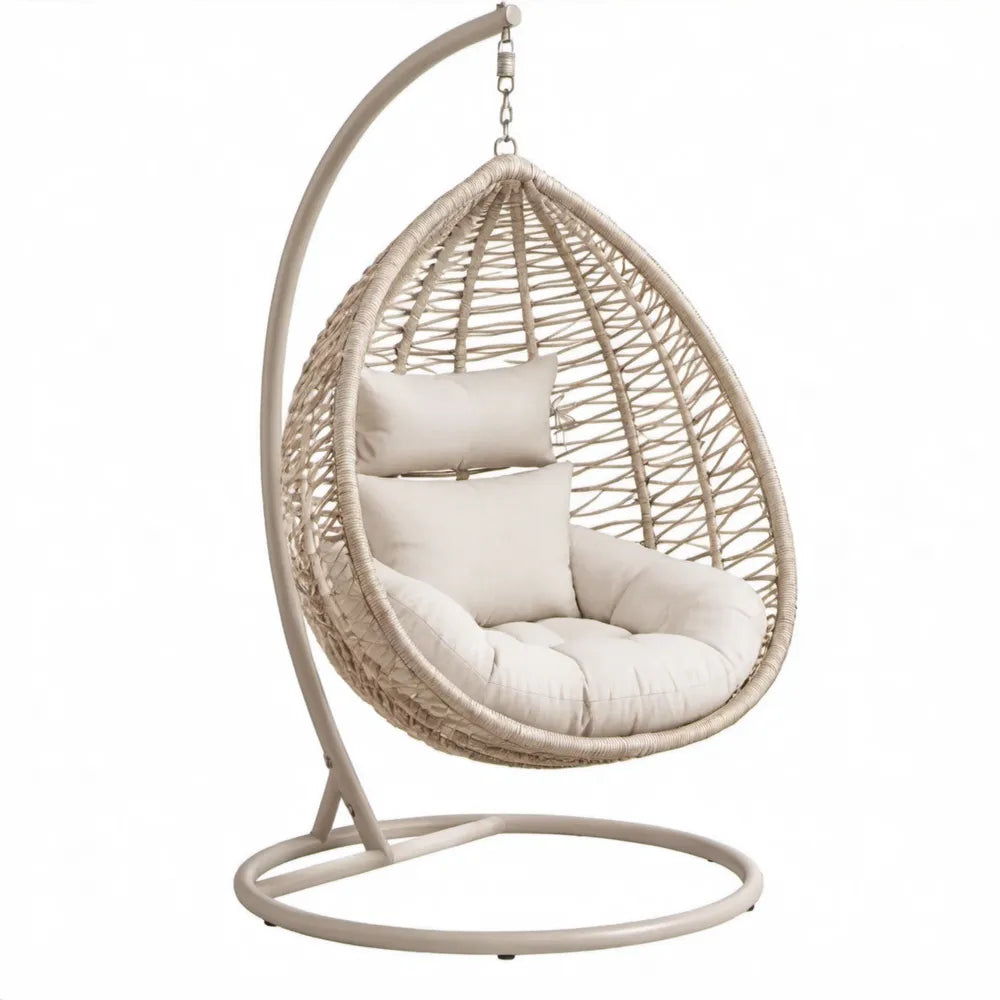 Beige hangstoel met standaard en kussens, 105 x 100 x 195 cm