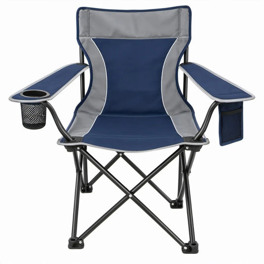 Inklapbare campingstoel blauw/grijs/zwart met armleuningen, bekerhouder en opbergvak, 60 x 60 x 95 cm