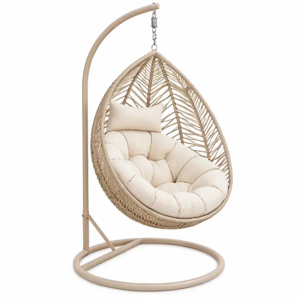 Beige Druppelvormige Hangstoel met Standaard, PE-rattan en Kussens, 105 x 105 x 195 cm