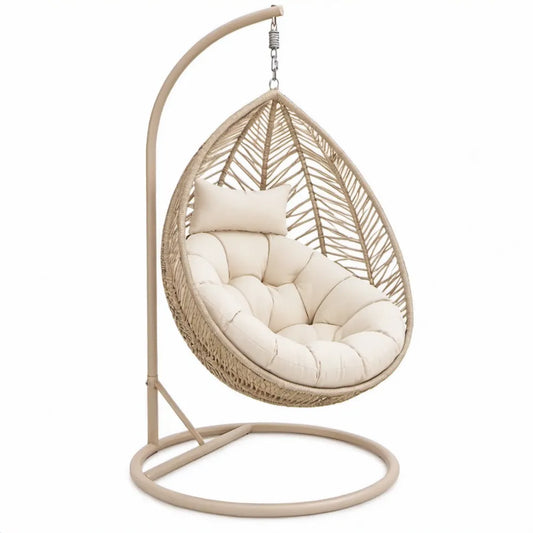 Beige Druppelvormige Hangstoel met Standaard, PE-rattan en Kussens, 105 x 105 x 195 cm