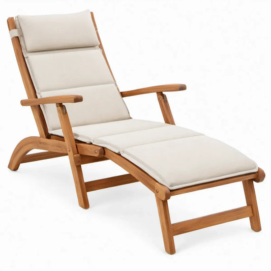 Verstelbare houten ligstoel met armleuningen en crèmekleurige kussens, 200 x 65 x 35 cm