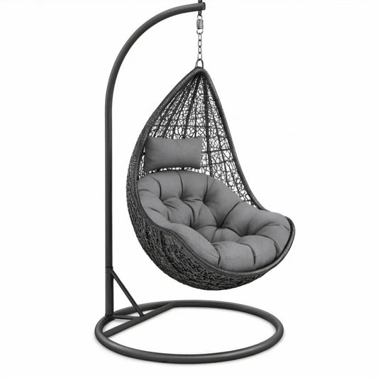 Zwarte hangstoel met standaard en grijze kussens, 100 x 100 x 195 cm, staal en PE-rattan
