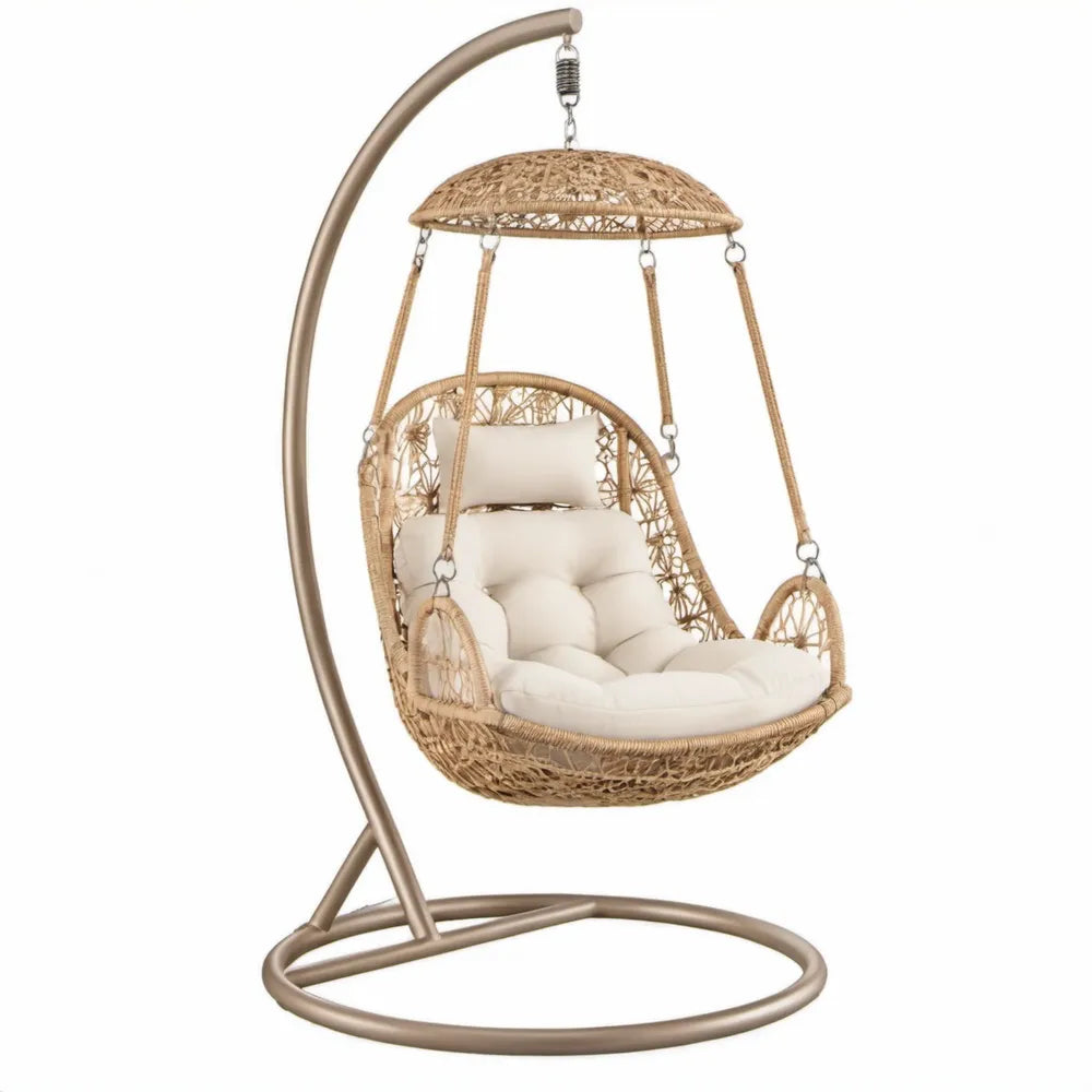 Beige PE-rattan schommelstoel met stalen standaard en kap, 105 x 105 x 195 cm