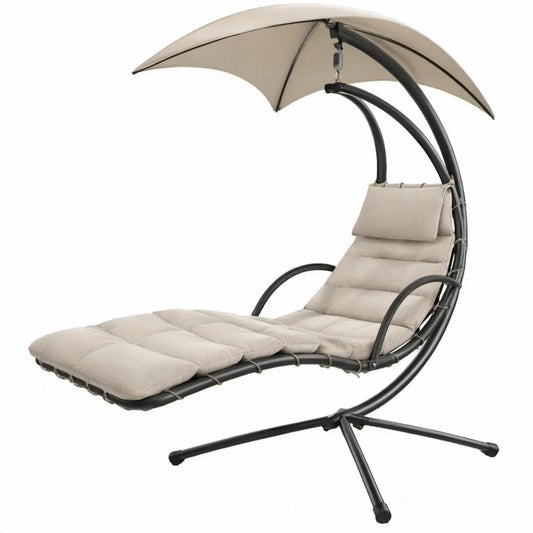 Zwevend ligbed met parasol, kussens en hoofdsteun 200 x 100 x 200 cm Beige/Zwart