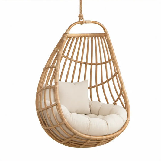 Druppelvormige rotan hangstoel met crèmekleurige polyester kussens, naturel, 80 x 80 x 120 cm