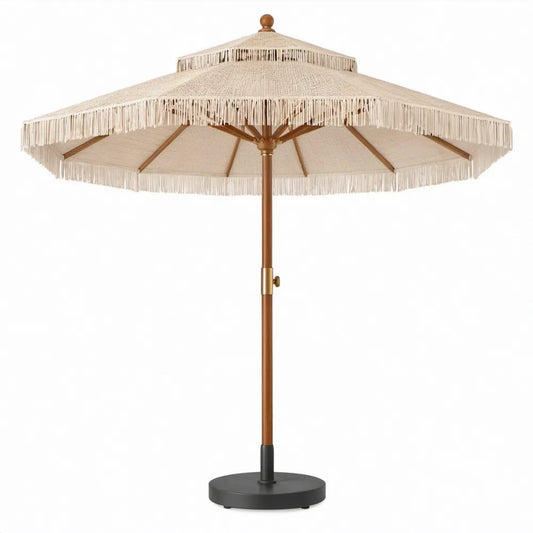Achthoekige tuinparasol met franjes en voet 270 cm Beige