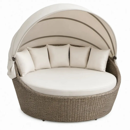Rond ligbed met zonnekap 180 x 180 x 160 cm Grijsbruin/Crèmewit
