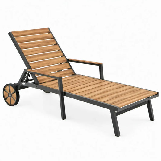 Ligbed met wielen en verstelbare rugleuning 200 x 65 x 35 cm – Acaciahout en zwart gepoedercoat staal