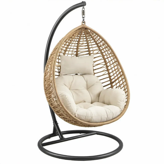 Eivormige hangstoel met standaard 95 x 95 x 195 cm naturel/zwart/crème