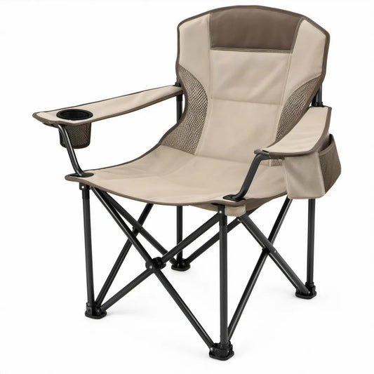 Opvouwbare campingstoel met hoge rugleuning, armleuningen, bekerhouder en zijvak 60 x 60 x 90 cm Beige/Zwart