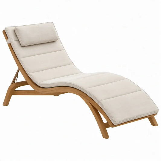 Verstelbaar ligbed van massief acaciahout met crème polyester kussen, 200 x 65 x 85 cm