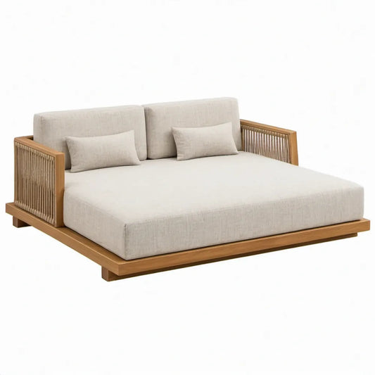 Tweepersoons buitenligbed 200 x 160 x 75 cm in beige met naturelbruin massief acaciahouten frame