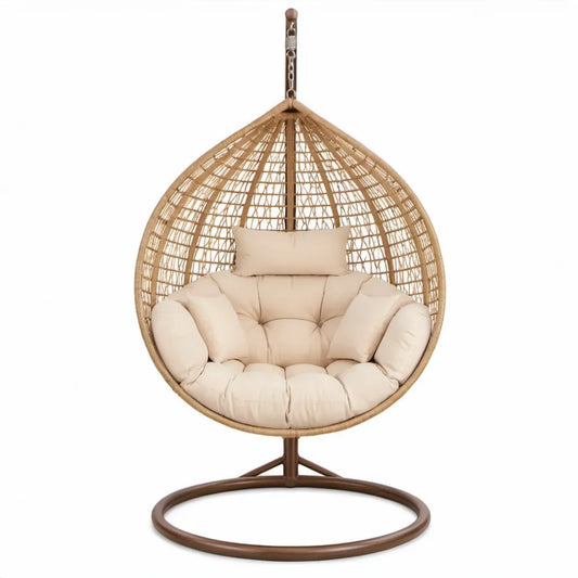 Druppelvormige hangstoel met standaard 105 x 105 x 200 cm – Beige, naturel bruin en bruin