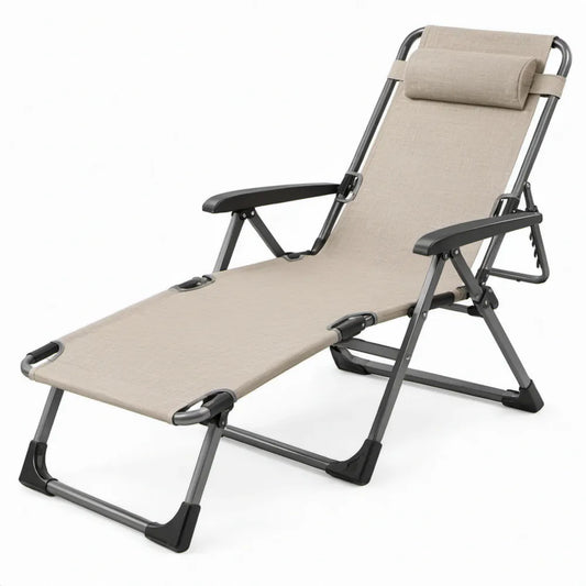 Verstelbare inklapbare relaxstoel met armleuningen en hoofdsteun, 178 x 65 x 30-110 cm, Beige/Antracietgrijs/Zwart