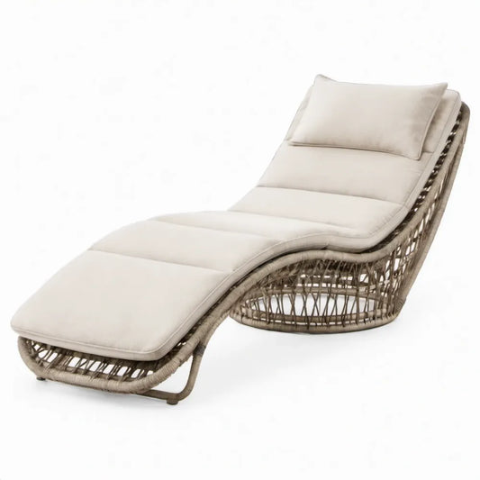 Gebogen ligbed met kussen, PE-rattan en staal, 200 x 75 x 80 cm, Beige/Bruin