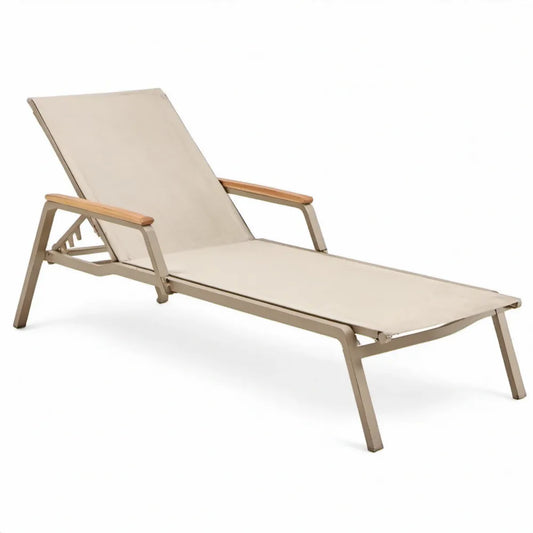 Verstelbaar ligbed met armleuningen van aluminium en textilene, 200 x 65 x 35 cm, beige/naturel bruin