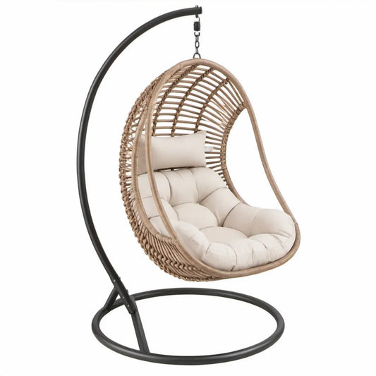Hangstoel met standaard 105 x 105 x 200 cm Naturel/Zwart/Crème PE-rattan en staal