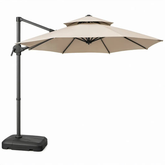Beige vierkante zweefparasol 300 x 300 cm met kantelbare zijarm, stalen frame en voet