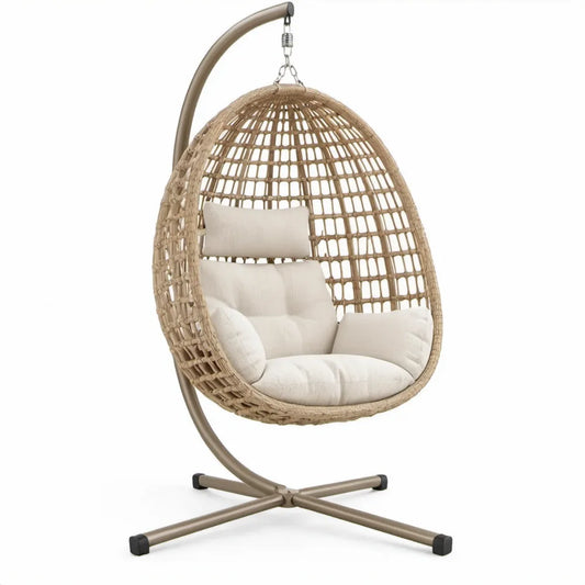 Eivormige hangstoel met standaard 105 x 105 x 195 cm beige/taupe/zwart PE-rotan en staal