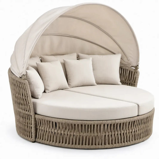 Rond tuinligbed met verstelbare luifel, 180 x 180 x 160 cm, beige/crème