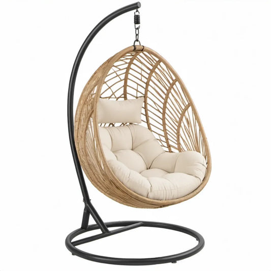 Eivormige hangstoel met standaard 105 x 105 x 195 cm Naturel/Crème/Zwart
