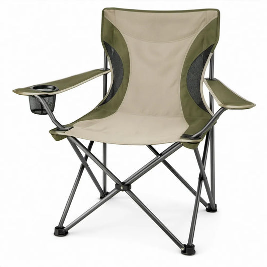 Opvouwbare campingstoel met bekerhouder en opbergvak, 54 x 82 x 92 cm, groen/beige/zwart