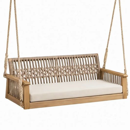 Schommelbank voor 2 personen 120 x 65 x 60 cm van massief acaciahout met polypropyleen touw, Naturel/Beige
