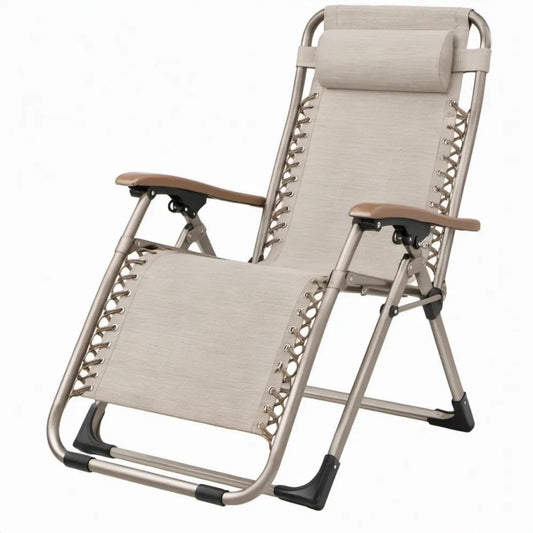 Verstelbare ligstoel met hoofdsteun en armleuningen, beige en taupe, 65 x 90 x 110 cm