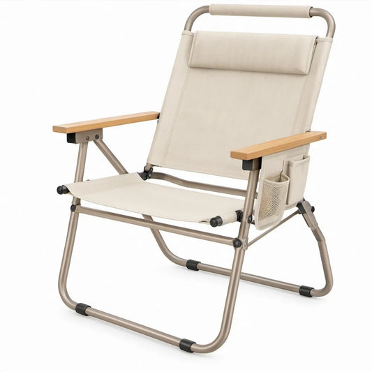 Opvouwbare campingstoel met verstelbare rugleuning en hoofdkussen, 78 x 60 x 96 cm, beige/taupe/naturel
