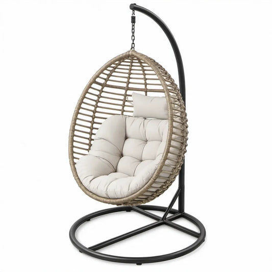Eivormige hangstoel met standaard 105 x 105 x 195 cm Beige/Zwart/Crème