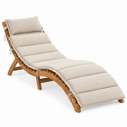 Gebogen ligbed van massief acaciahout met crèmewit kussen, naturelbruin, 200 x 60 x 30 cm