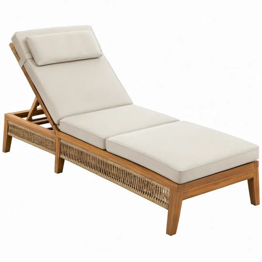 Verstelbaar ligbed van acaciahout met polyester kussens, 200 x 70 x 35 cm, naturelbruin en crème