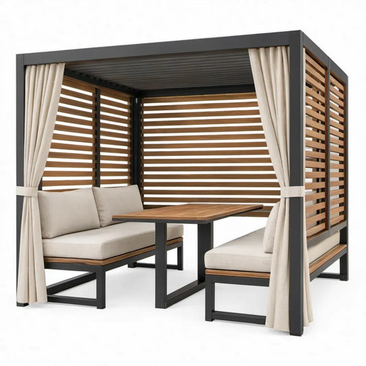 Tuinoverkapping met zitplaatsen en eettafel 240 x 240 x 230 cm – Zwart, beige en naturelbruin