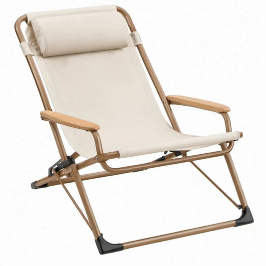 Opvouwbare relaxstoel met verstelbare rugleuning en hoofdsteunkussen, 95 x 60 x 85 cm, beige en bronsbruin