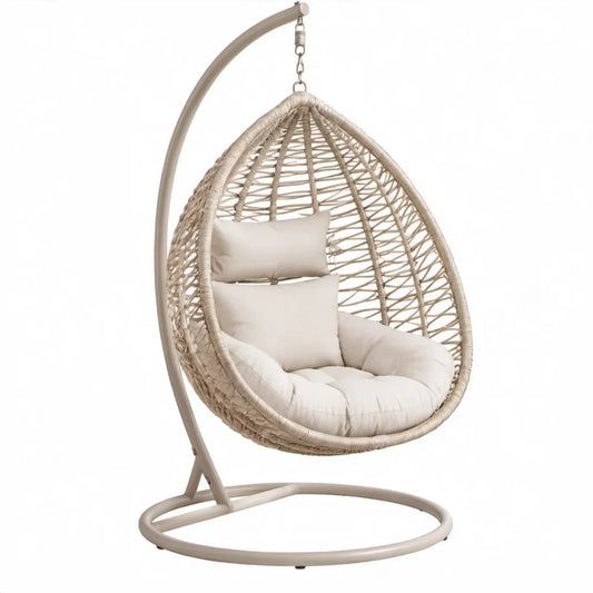 Beige hangstoel met standaard en kussens, 105 x 100 x 195 cm