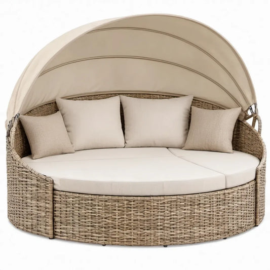 Rond ligbed met zonnekap, 180 x 180 x 160 cm, naturel PE-rattan met beige en crèmekleurige kussens