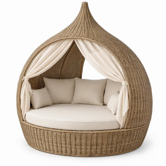 Tweepersoons ligbed met kap van PE-rattan in Bruin/Crème – 180 x 100 x 230 cm